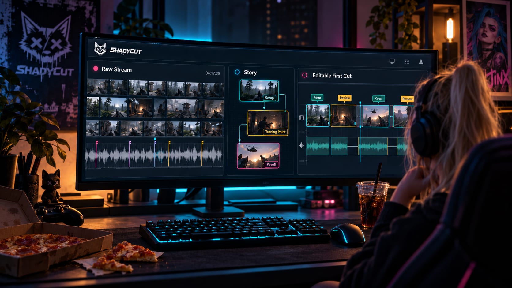 Illustration of a creator reviewing a gaming stream, its story structure and an editable first cut