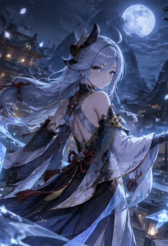 Genshin Impact character in a moonlit landscape