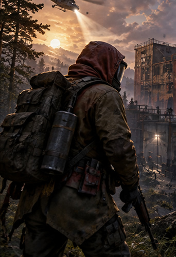 Rust survivor overlooking an industrial site