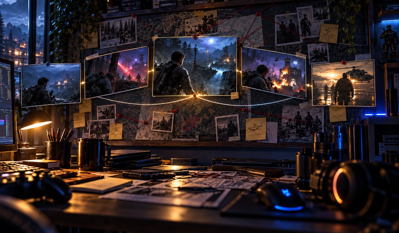 Five connected gameplay scenes arranged across an investigation board in a cinematic editing workspace.