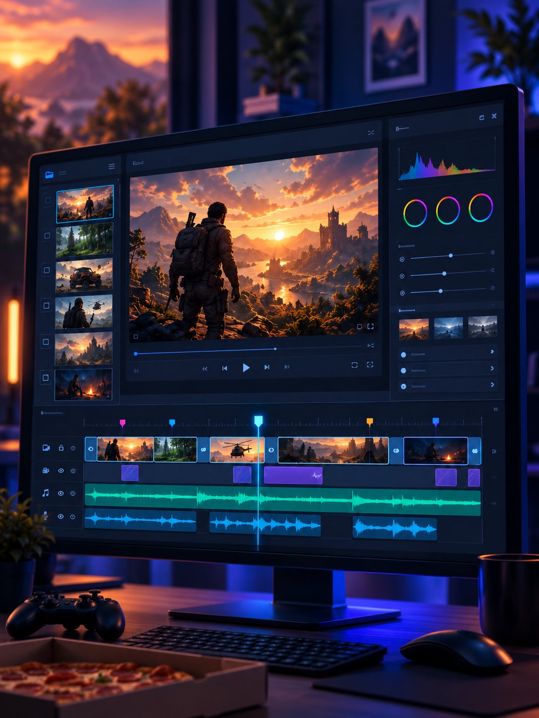 An editable first-cut timeline in a video editor, with gameplay scenes, video tracks and audio waveforms ready for review