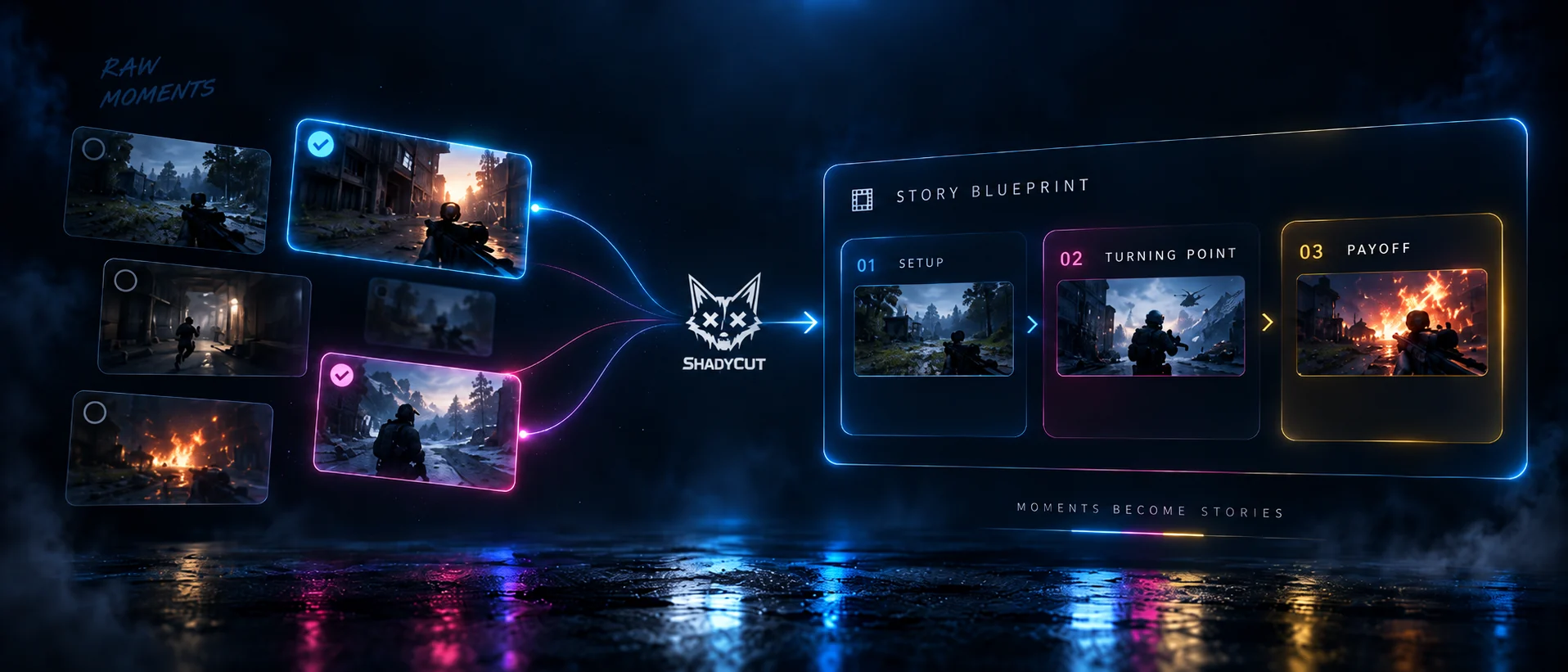 Raw gameplay moments become a structured story with a setup, turning point and payoff.
