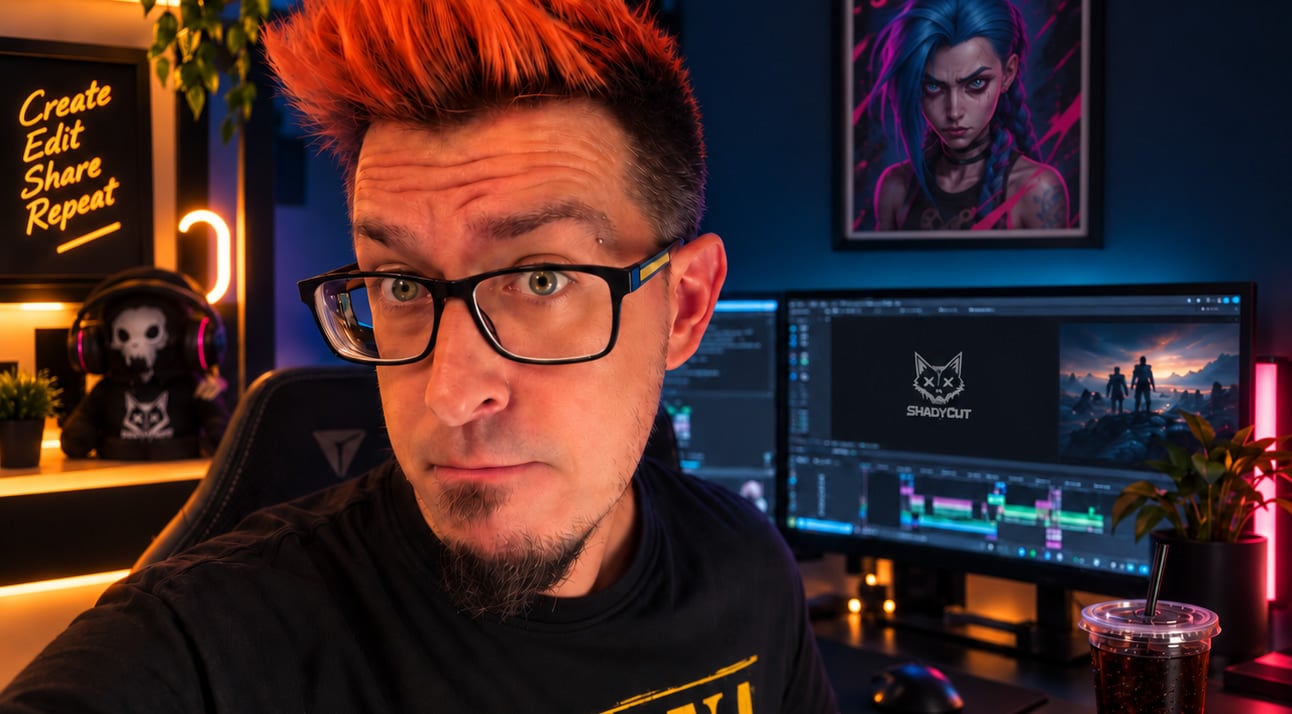 Creator at a video editing workstation with ShadyCut on the monitor